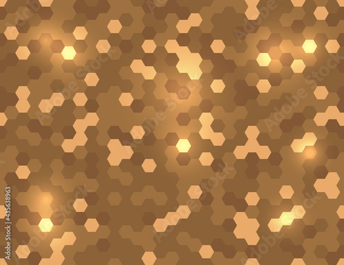 Seamless abstract vector hexagon glitter golden cloth techno texture. Disco hex pixel background. Geometric tech futuristic pattern wrapping paper design