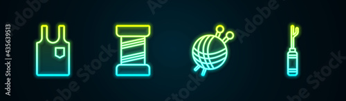 Set line Sleeveless T-shirt, Sewing thread, Yarn ball with knitting needles and Awl tool. Glowing neon icon. Vector