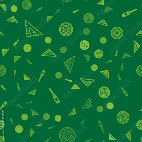 Set line Triangular ruler, Awl tool and Sewing button on seamless pattern. Vector