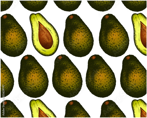 Outline drawing pattern of green avocado and half avocado with seed isolated on white background. Sketch hand drawn wallpaper with avocado fruit for market design, food packaging. Vector illustration.