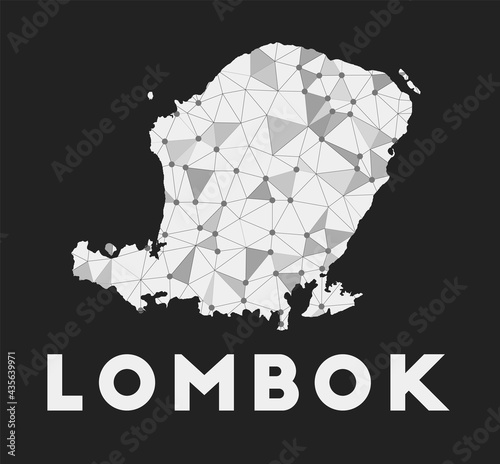 Lombok - communication network map of the island. Lombok trendy geometric design on a dark background. Technology, internet, network, telecommunication concept. Vector illustration.