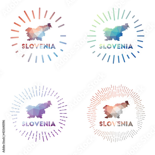 Slovenia low poly sunburst set. Logo of country in geometric polygonal style. Vector illustration.