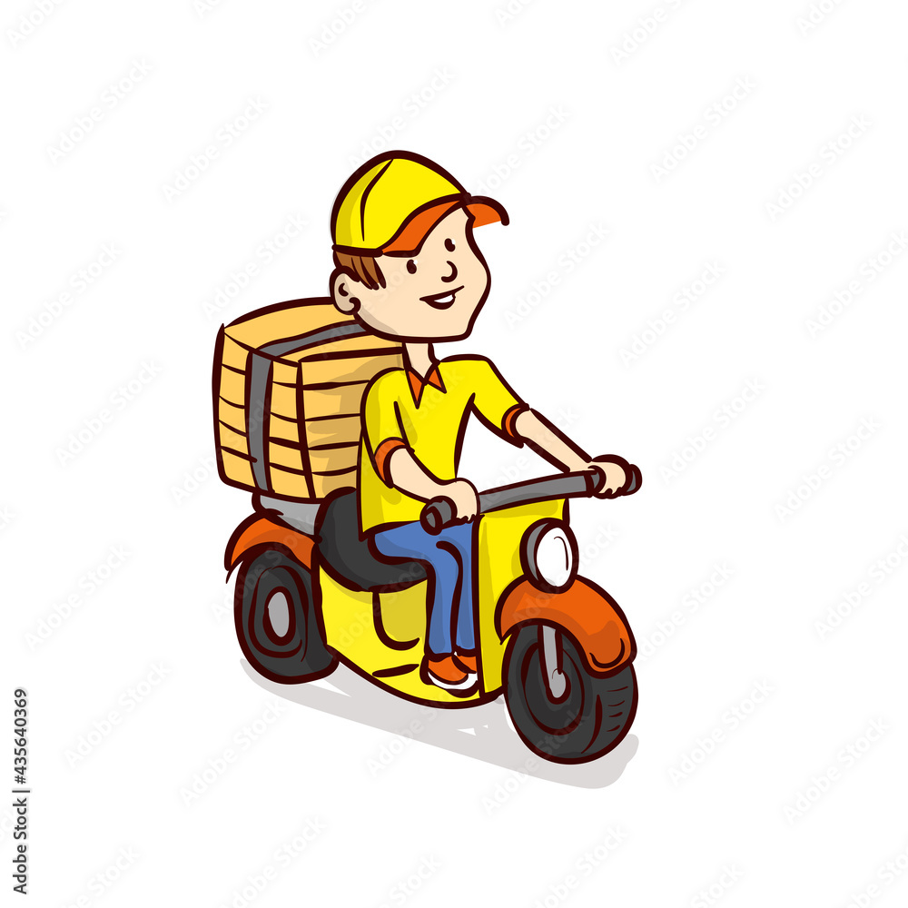 A young guy with pizza boxes rides a scooter.Courier. Deliveryman. Work for a teenager. Teenager work on vacation. Hand drawn cartoon vector. A young guy with pizza boxes rides a scooter.Courier. Deliveryman. Work for a teenager. Teenager work on vacation. Hand drawn cartoon vector.