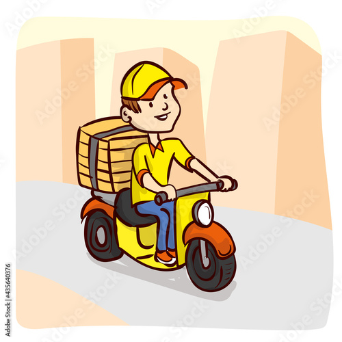 A young guy with pizza boxes rides a scooter.Courier. Deliveryman. Work for a teenager. Teenager work on vacation. Hand drawn cartoon vector.