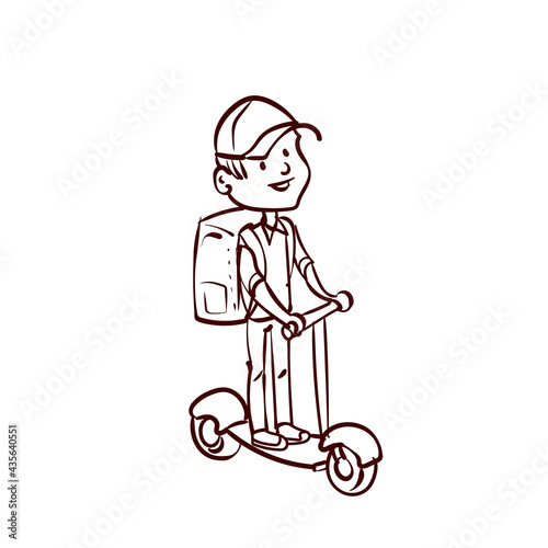 A young guy with a backpack rides a scooter. Courier. Deliveryman. Work for a teenager. Teenager work on vacation. Hand drawn cartoon vector.