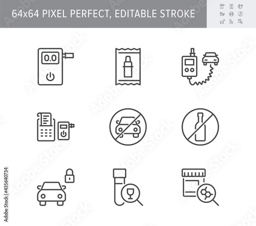 Breathalyzer line icons. Vector illustration include icon - police, sobriety, drug and alcohol control, alcoguard, mouthpiece outline pictogram for car alcolock. 64x64 Pixel Perfect, Editable Stroke