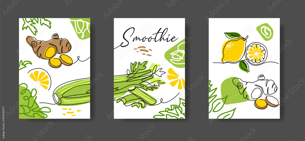 Smoothie ingredients wall decor or poster with ginger, lemon, celery. Vegetables wall line art decor. Set of vector illustrations, one continuous line drawing for kitchen or cafe Smoothie ingredients wall decor or poster with ginger, lemon, celery. Vegetables wall line art decor. Set of vector illustrations, one continuous line drawing for kitchen or cafe