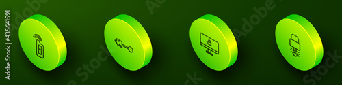 Set Isometric line Car key with remote, Old, Lock on computer monitor and Key broke inside of padlock icon. Vector