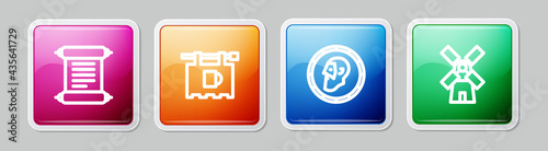 Set line Decree, parchment, scroll, Street signboard with Bar, Ancient coin and Windmill. Colorful square button. Vector