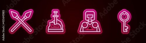 Set line Crossed medieval spears, Sword in the stone, Medieval knight and Old key. Glowing neon icon. Vector
