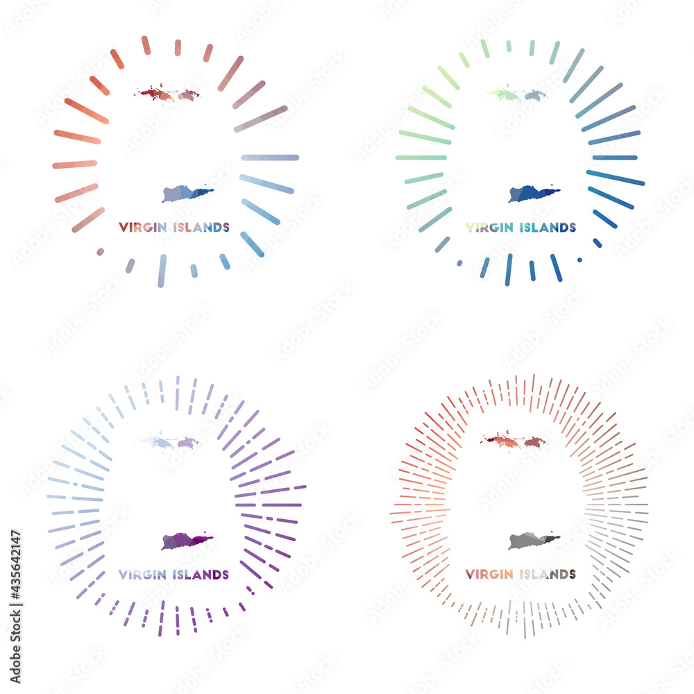 Naklejka premium Virgin Islands low poly sunburst set. Logo of island in geometric polygonal style. Vector illustration.
