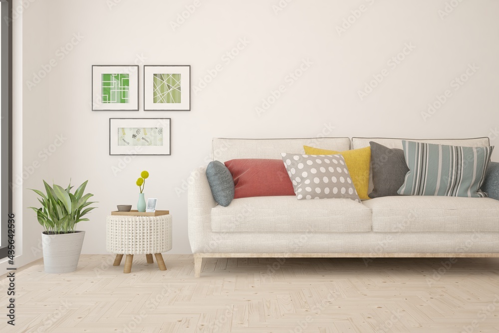 White living room with sofa. Scandinavian interior design. 3D illustration White living room with sofa. Scandinavian interior design. 3D illustration