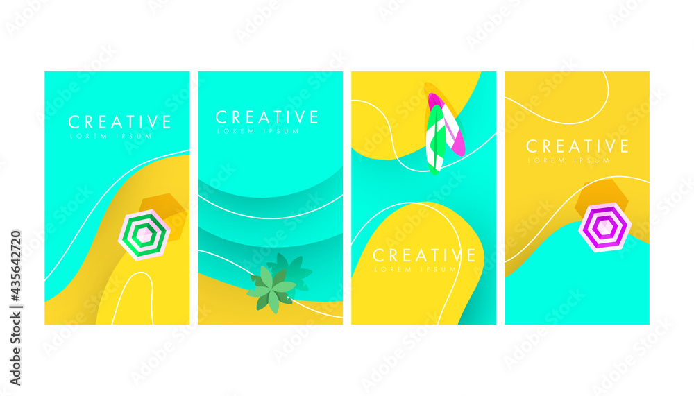 Vector set of abstract creative backgrounds with tropical palm tree and liquid sand shape for mobile and social media banner, poster, shopping ads or greeting card. Minimal trendy style