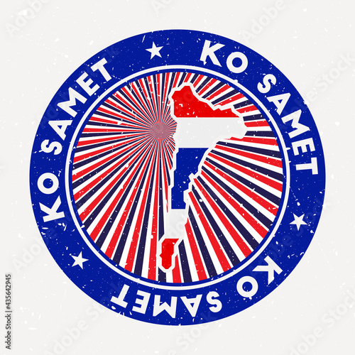 Ko Samet round stamp. Logo of the island with a flag. Vintage badge with circular text and stars, vector illustration.