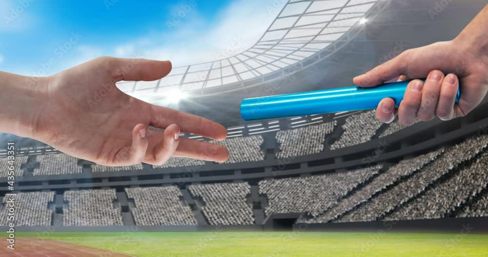 Animation of athlete's hands passing blue relay baton over sports stadium