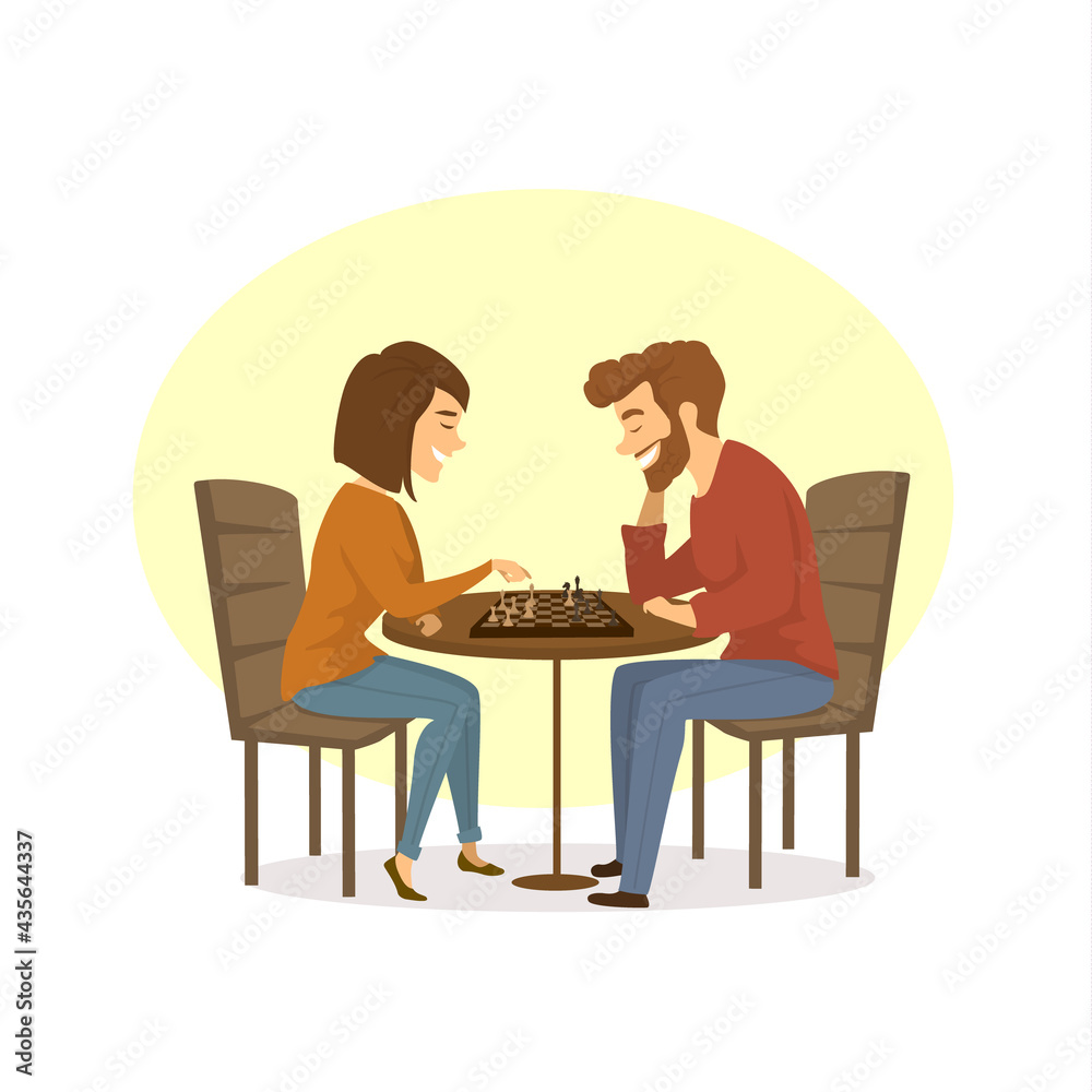 couple playing chess at home cartoon vector illustration