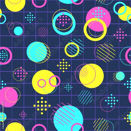 Modern seamless pattern with colorful circles and disks. Repeat background with abstract round objects. Fashion texture with yellow, blue and pink geometry.