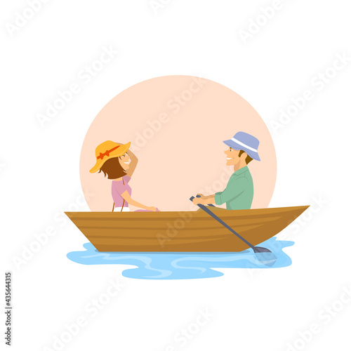 cheerful cute couple having a romantic trip on a rowing boat