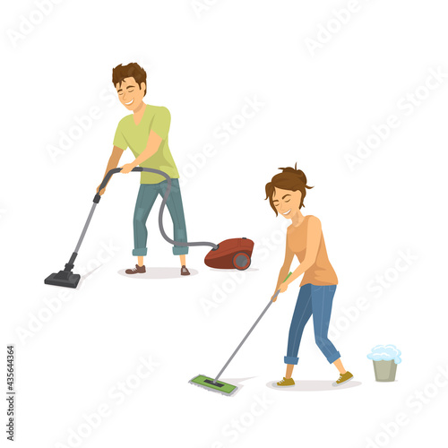 couple, man and woman at housework, cleaning home isolated vector illustration