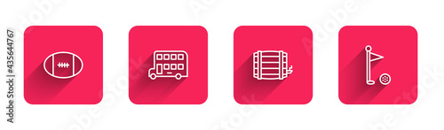 Set line Rugby ball, Double decker bus, Wooden barrel and Golf flag with long shadow. Red square button. Vector