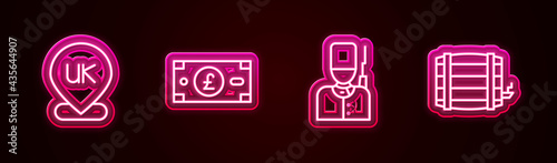 Set line Location England, Pound sterling money, British soldier and Wooden barrel. Glowing neon icon. Vector