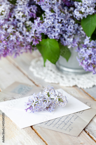Beautiful fresh violet lilac bouquet in metal can. Greeting card for Mother s day  Saint Valentine s Day  8 march  Women s day. Springtime freshness. White wooden background  close up