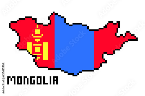 2d 8 bit pixel art Mongolia map covered with flag isolated on white background. Old school vintage retro 80s  90s platform computer  video game graphics. Slot machine design element.