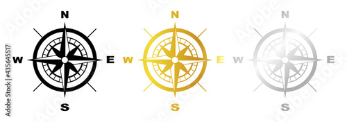 Vector black and white, gold, silver simple vintage compass icon