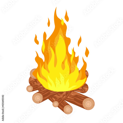 Bonfire on wooden logs. Rest in the forest. Bonfire in nature. Vector drawing