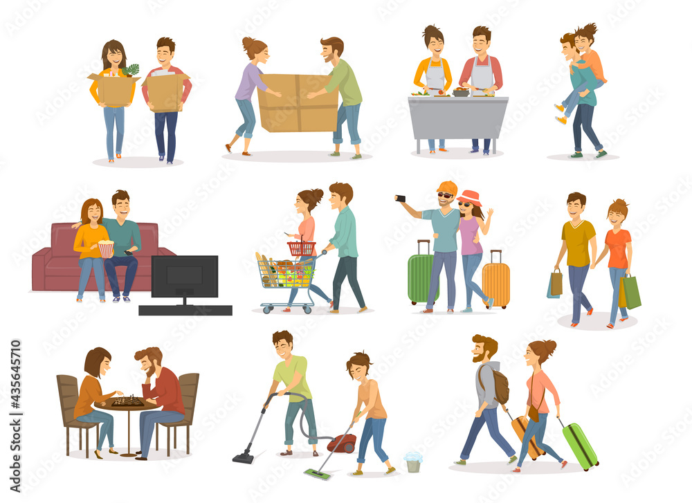 cute couples activities, man and woman shopping in mall, supermarket, moving in a new home, cleaning, watching tv on sofa, travel, cooking,  playing chess, having fun vector illustration set