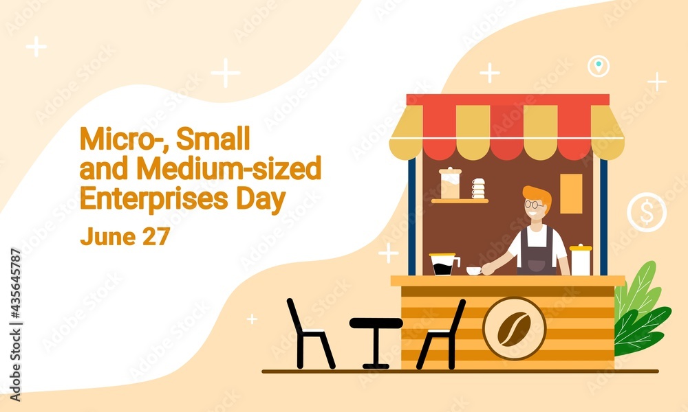 Vector illustration of man selling coffee in roadside cafe as banner or poster, Micro-, Small and Medium-sized Enterprises Day.
