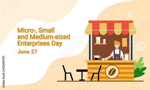 Vector illustration of man selling coffee in roadside cafe as banner or poster, Micro-, Small and Medium-sized Enterprises Day.