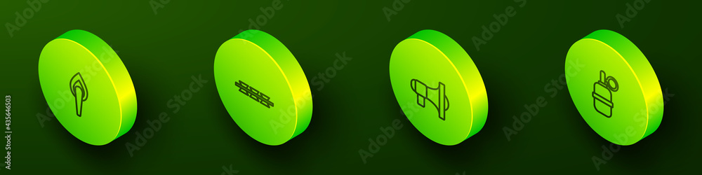 Set Isometric line Torch flame, Barbed wire, Megaphone and Hand grenade icon. Vector Set Isometric line Torch flame, Barbed wire, Megaphone and Hand grenade icon. Vector