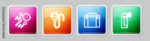 Set line Flying stone, Walkie talkie, Police assault shield and Pepper spray. Colorful square button. Vector