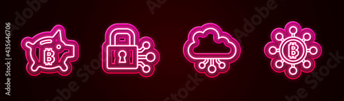 Set line Piggy bank bitcoin, Lock with, Cryptocurrency cloud mining and Blockchain technology Bitcoin. Glowing neon icon. Vector