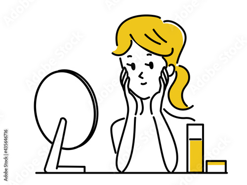 woman looking mirror skincare routine yellow hair clip art preview
