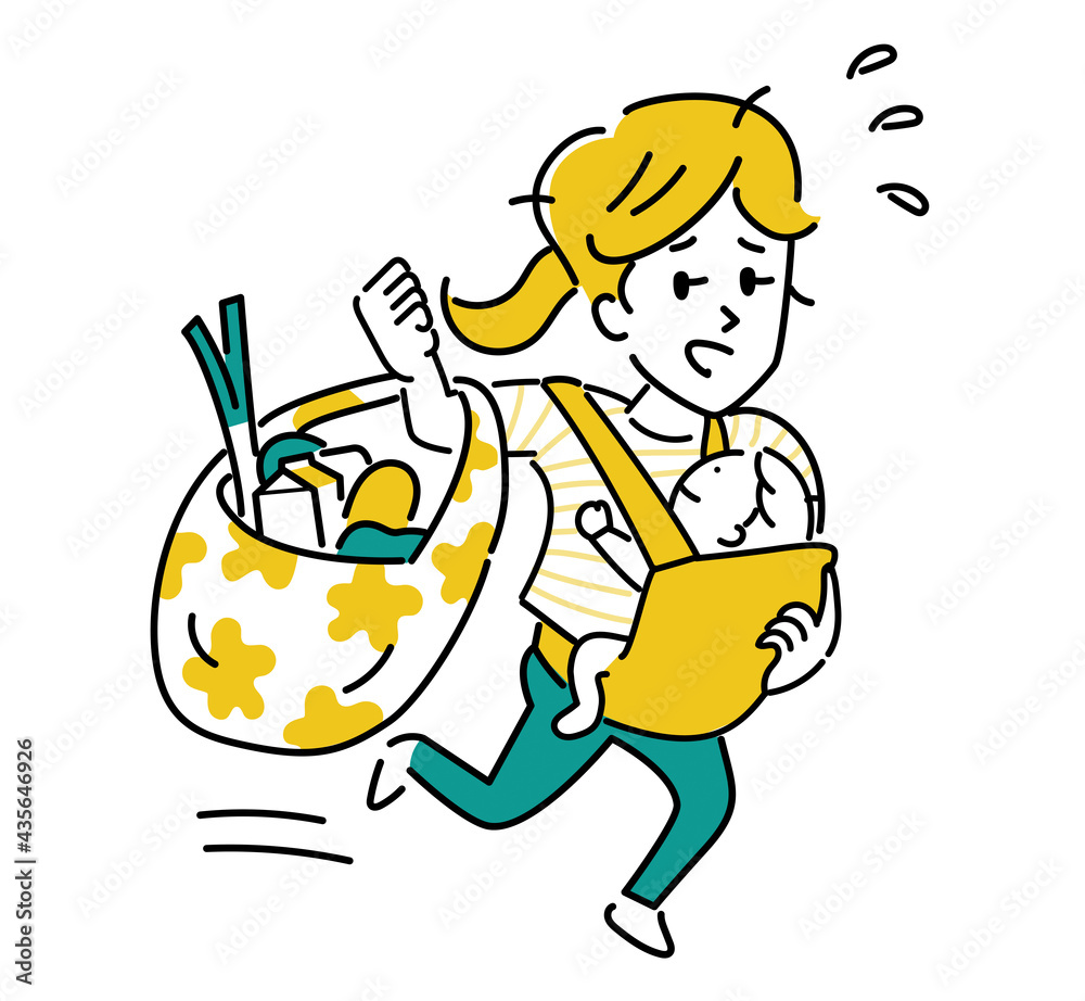 赤ちゃんを抱っこしながら買い物する大変そうなお母さんのイラスト素材 Stock ベクター Adobe Stock