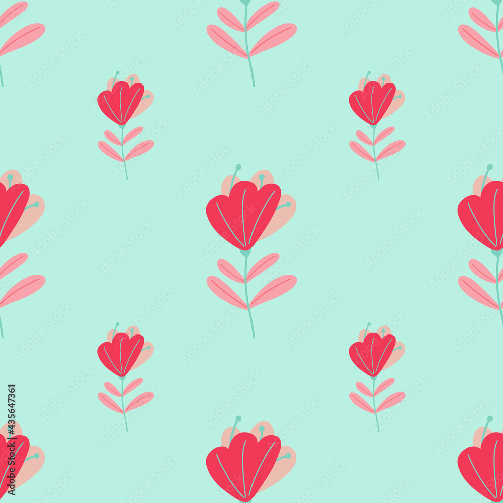 Minimalistic style seamless pattern with pink abstract flowers ornament. Blue background. Minimalistic style seamless pattern with pink abstract flowers ornament. Blue background.