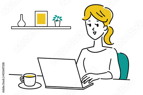 カフェでパソコン操作する笑顔の女性のイラスト素材