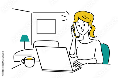 寝室でパソコンを見ながら電話する女性のイラスト素材