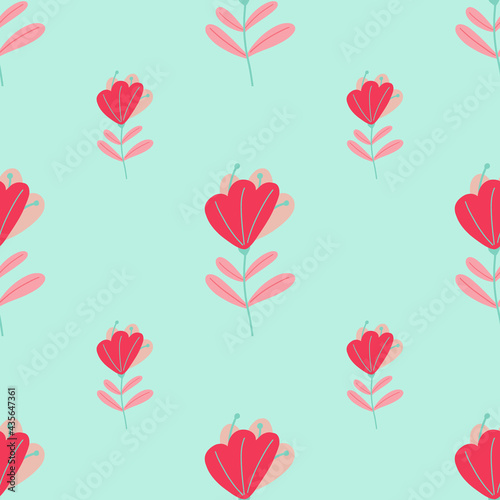 Minimalistic style seamless pattern with pink abstract flowers ornament. Blue background. © Lidok_L