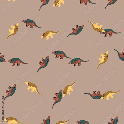 Doodle seamless pattern with random cute dinosaurs ankylosaurs ornament. Beige pale background.