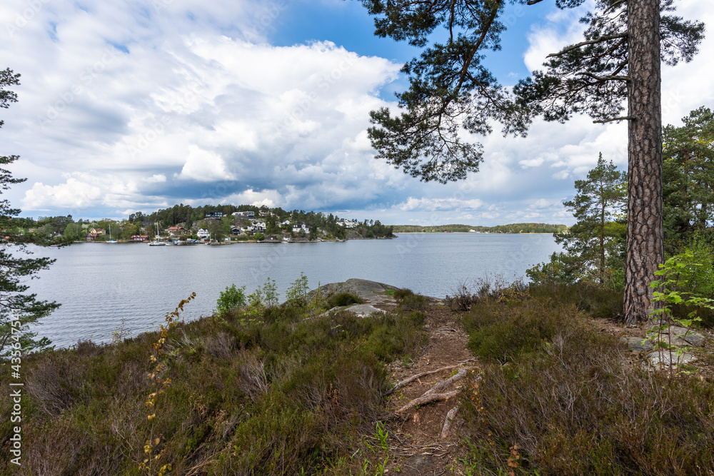 Amazing Panorama of the Baltic Sea Bay on sunny spring day. Rocky shores of Scandinavia covered with evergreen forests. Traditional Swedish wooden villas houses on the coast. Blue sky white clouds.