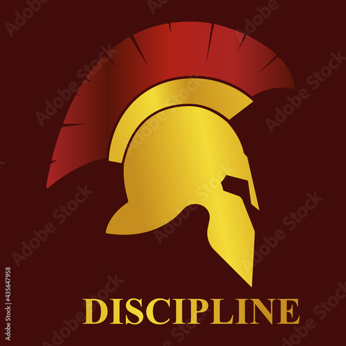 Ancient Roman golden helmet of a centurion with a red crest on top with the phrase Discipline on the bottom