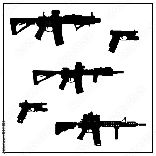 Icons of various machine guns and pistols. Pattern of black guns on a white background