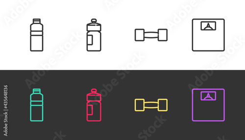 Set line Fitness shaker, , Dumbbell and Bathroom scales on black and white. Vector