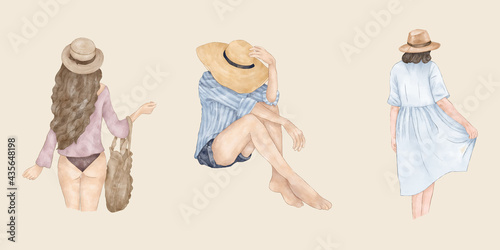 Summer back girls with hat, bag and summer dresses 
