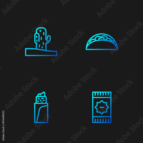 Set line Mexican carpet, Burrito, Cactus and Taco with tortilla. Gradient color icons. Vector