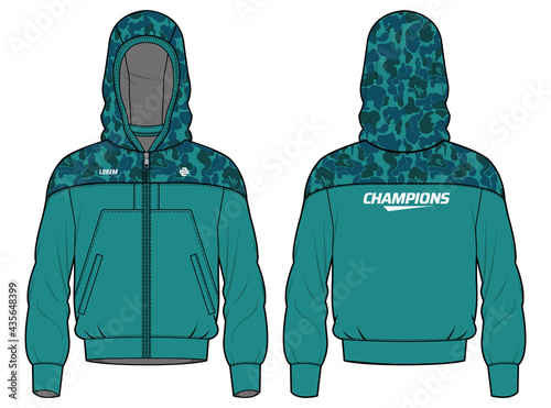 Women Long sleeve Hoodie jacket sweatshirt camouflage design template in vector, girls Hooded jacket sweater with front and back view, hooded winter jacket for ladies to Running and workout in winter