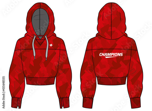 Women Long sleeve cropped Hoodie jacket sweatshirt design template in vector, girls Hooded jacket sweater with front and back view, hooded winter jacket for ladies for Running and workout in winter
